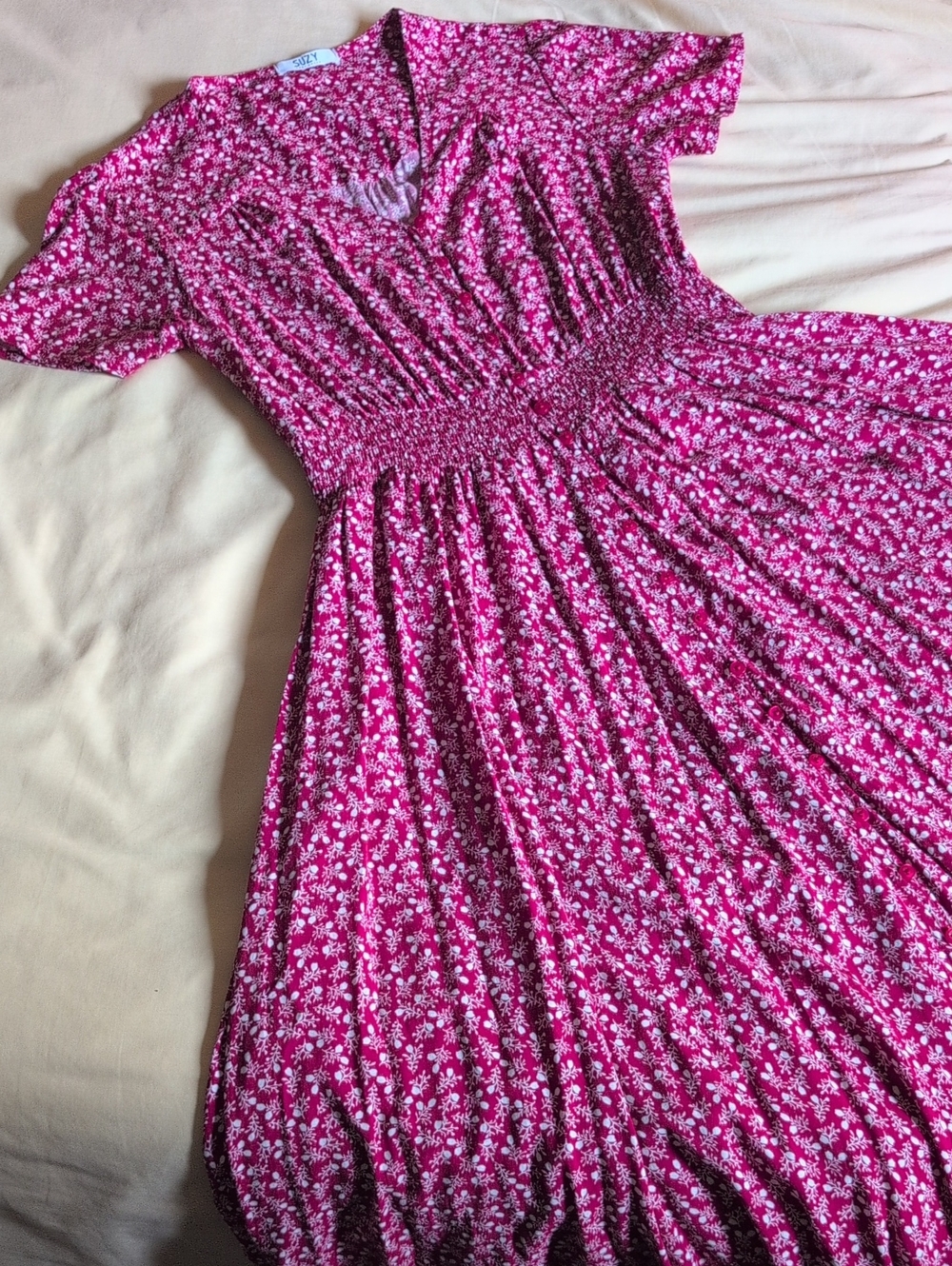 Suzy Shier Red Smocked Waist Dress